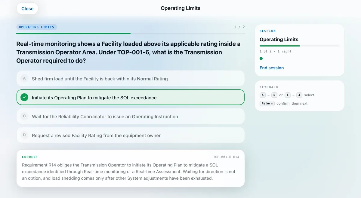 A Grid Prep practice question on Operating Limits, answered correctly, with its explanation and the reference TOP-001-6 R14